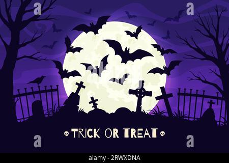 Fledermausherde in der nächtlichen Landschaft des Halloween-Friedhofs. Trick or treat Holiday Vector Silhouetten von Horror Fledermäuse Wolke, Tombstone Kreuze und gruselige Bäume auf lila Himmel Hintergrund, Mond und dunkle Wolken Stock Vektor