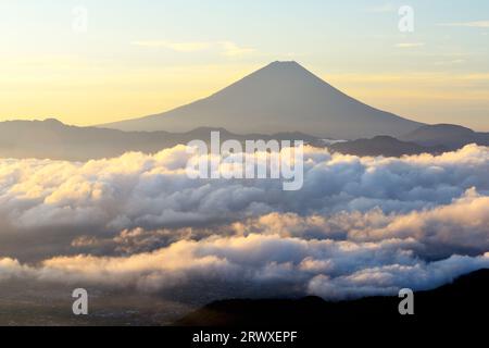 Fuji in a sea of clouds bathed in morning sun Stock Photo