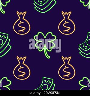 Neon Finance nahtloses Muster, leuchtende Dollar Bills and Money Bag Design, leuchtendes Desktop-Symbol, Neon-Aufkleber, Neon-Figur, leuchtende Figur, Neon Stockfoto