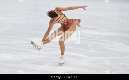 Oberstdorf, Deutschland. September 2023. Abbildung Skating: Challenger-Serie – Nebelhorn Trophy, Einzelspiel, Damen, Kurzprogramm. Alexia Paganini aus der Schweiz auf dem Eis. Angelika Warmuth/dpa/Alamy Live News Stockfoto