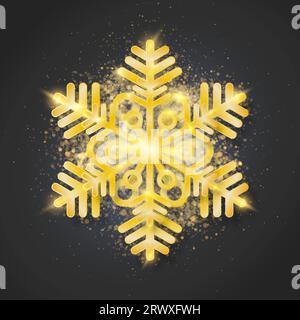 Goldene Schneeflocke mit Highlights und Glitzern auf schwarzem Hintergrund für winterliches Design. Stock Vektor