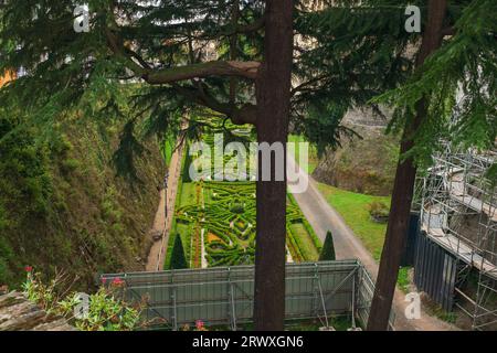 Angers, Frankreich, 2023. Der unberührte formelle Garten im Graben am Fuße der libanesischen Zedernholz während der Restaurierung der mittelalterlichen Burg Stockfoto