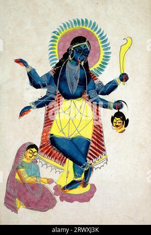 Krishna als Kali verehrt von Radha, unbekannter Künstler, Aquarell, Graphit und Tinte auf Papier, um 1890 Stockfoto