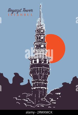 Vektor Hand gezeichnete Skizze Illustration des Beyazit Tower in Istanbul, Turkiye. Stockfoto