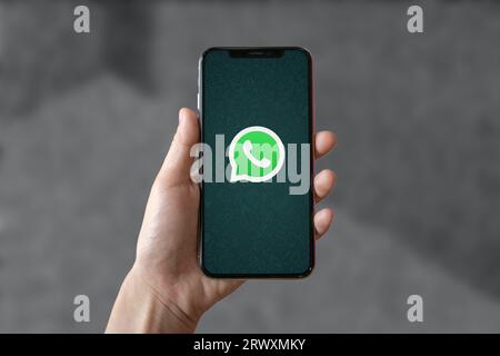 Buenos Aires, Argentinien; 08.07.2023: In diesem illustrativen Foto sehen Sie das Whatsapp-Logo auf einem Smartphone-Bildschirm mit defokussiertem Hintergrund Stockfoto