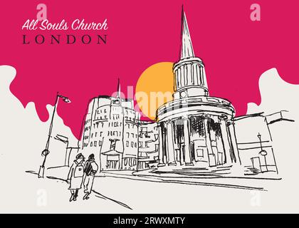 Vector Hand Drawn Sketch Illustration of the All Souls Church ist eine evangelische anglikanische Kirche im Zentrum Londons Stockfoto