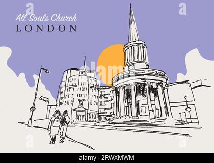 Vector Hand Drawn Sketch Illustration of the All Souls Church ist eine evangelische anglikanische Kirche im Zentrum Londons Stockfoto