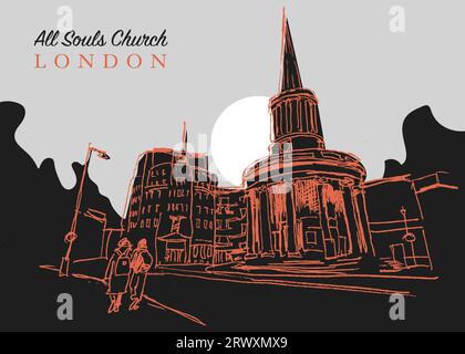 Vector Hand Drawn Sketch Illustration of the All Souls Church ist eine evangelische anglikanische Kirche im Zentrum Londons Stockfoto