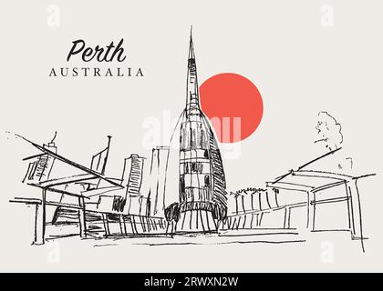 Handgezeichnete Vektor-Skizzenillustration der Swan Bells, einem modernen Glockenturm in Perth, Western Australia. Stockfoto