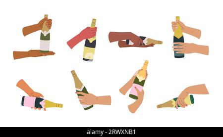 Menschliche Hände verschiedener Nationalitäten, die verschiedene Champagnerflaschen halten. Set mit Sekt, von Hand serviert. Konzept von Party, Urlaub oder Degustation Stock Vektor