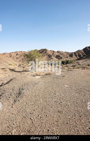 Eine vertikale Landschaft mit den majestätischen Hajar-Bergen in den Vereinigten Arabischen Emiraten. Leuchtend blauer Himmel mit Textspeicher Stockfoto