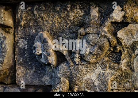 Ein Fragment eines Basreliefs aus dem Borobudur-Tempel an der Außenseite. Die Insel Java. Indonesien Stockfoto