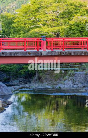 Shuzenji Onsen Togetsu Bridge glänzt im frischen Grün Stockfoto