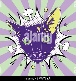 Eine Vektorkatze im Pop-Art-Stil mit einem bunten gestreiften und halbtonigen Hintergrund und mit Sternen und Pop-Art-Wolken. Stock Vektor