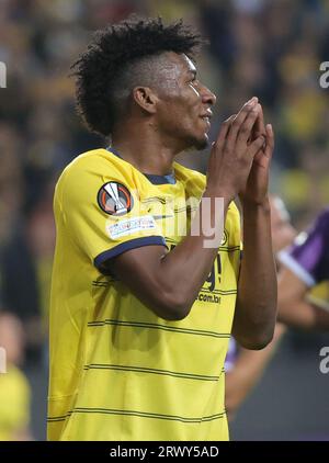 Brüssel, Belgien. September 2023. Kevin Rodriguez von Union sieht am ersten Tag der Gruppenphase des UEFA Europa League-Wettbewerbs in Gruppe E am Donnerstag, den 21. September 2023, in Brüssel bei einem Fußballspiel zwischen der Belgischen Royale Union Saint Gilloise und dem französischen Toulouse FC deprimiert aus. BELGA PHOTO VIRGINIE LEFOUR Credit: Belga News Agency/Alamy Live News Stockfoto