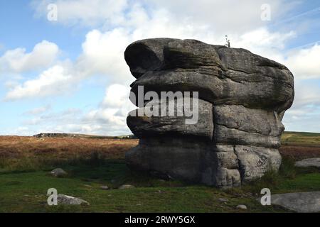 Der Eaglestone, ein Gritstone-Aufschluss an den Derbyshire Peak District Moors, ist ein Wahrzeichen für Wanderer nahe Baslow Edge. Stockfoto