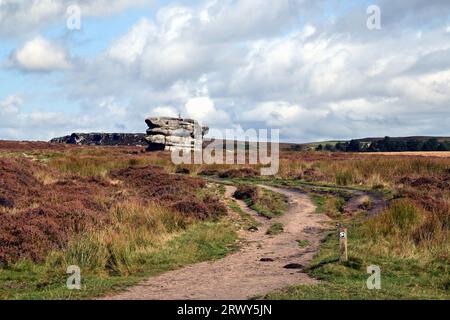 Der Fernblick auf den Eaglestone, ein Gritsteinvorsprung auf den Derbyshire Peak District Moors, ist ein Wahrzeichen für Wanderer in der Nähe des Baslow Edge. Stockfoto