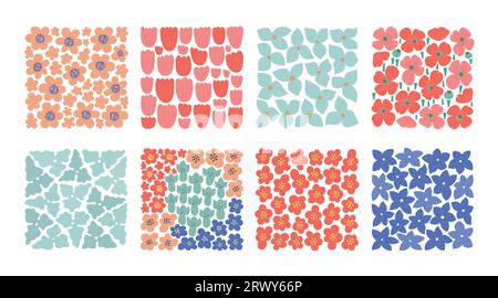 Abstraktes Set mit auffälligen Blumenfeldern. Helles, niedliches Poster mit Blumen, Wandbilder, Kartenvorlagen. Stock Vektor