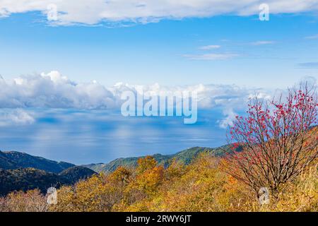 Sado Island: Herbstliche Laublandschaft der Osado Berge und des Japanischen Meeres vom höchsten Punkt der Osado Skyline aus gesehen Stockfoto