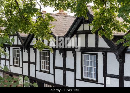 Chester ist eine ummauerte Stadt in Cheshire, England, berühmt für seine halbalten Gebäude im Tudor-Stil. Stockfoto