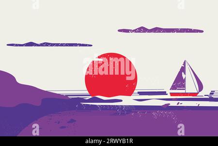 Vektor-Illustration des Sonnenuntergangs über dem Meer. Das Boot segelt auf dem Meer Stock Vektor