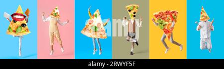 Gruppe von Personen mit Scheiben leckerer Pizza anstelle ihrer Köpfe oder Körper auf farbigem Hintergrund Stockfoto