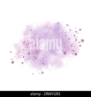 Abstrakter Aquarellhintergrund aus hellvioletten und rosa Farben mit Spritzern, handgezeichneter strukturierter Aquarellfleck mit Farbtropfen. Für Ausdrucke, Logos Stockfoto