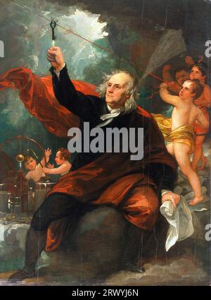 Benjamin Franklin Drawing Electricity from the Sky, 1816, Gemälde von Benjamin West. Benjamin Franklin (1706–1790), Gründungsvater der Vereinigten Staaten von Amerika Stockfoto