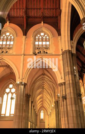 955 Saint Patricks Cathedral Interior= tiefer Blick auf den gerippten Seitengang des Querschiffes. Melbourne-Australien. Stockfoto