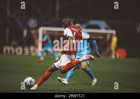 Sikou Niakate während des Spiels der UEFA Champions League 2023/24 zwischen dem SC Braga und dem SSC Napoli im Estadio Municipal de Braga, Braga, Portugal. (Maciej Rogow Stockfoto