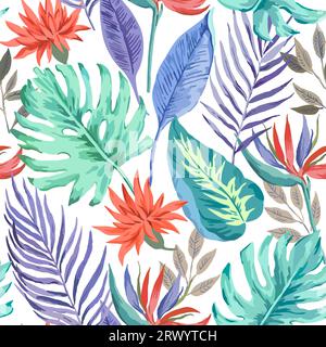 Realistisches tropisches Muster mit Monsterablättern und roten Blüten. Vektorillustration Stock Vektor