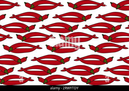 Nahtloses Muster aus 2 ganzen roten Chilischoten, die nebeneinander liegen. Mexikanische heiße Gewürze. Isolieren. Vektordesign für Verpackung, Poster, Banner, Broschüren oder Karten, Preis, Etikett, Hintergrundbild oder Web Stock Vektor