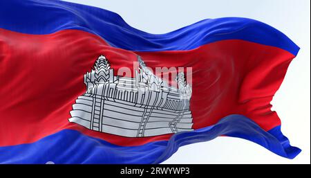 Nahaufnahme der wehenden kambodschanischen Nationalflagge. Drei Bänder, blau, doppelt rot, blau, mit Angkor Wat in weiß im roten Mittelpunkt. 3D-Illustrations-Rendering. Stockfoto