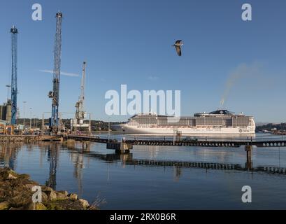 Ringaskiddy, Cork, Irland. September 2023. Kreuzfahrtschiff Kreuzfahrtschiff MSC Preziosa Ankunft am Tiefwasserplatz in Ringaskiddy, Co Cork, Irland. David Creedon / Alamy Live News Stockfoto