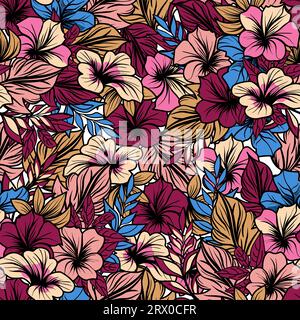 Nahtloses Blumenmuster mit tropischer und Blätter Vektor-Illustration Stock Vektor
