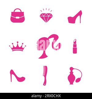 Barbie Accessoires Kollektion. Redaktionelle Vektorillustration im flachen Stil. Pinkfarbene trendige Ikonen Stock Vektor