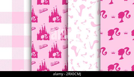 Barbie-Musterkollektion. Redaktionelle Vektorillustration im Barbie-Core-Stil. Pinkfarbener, trendiger Hintergrund Stock Vektor