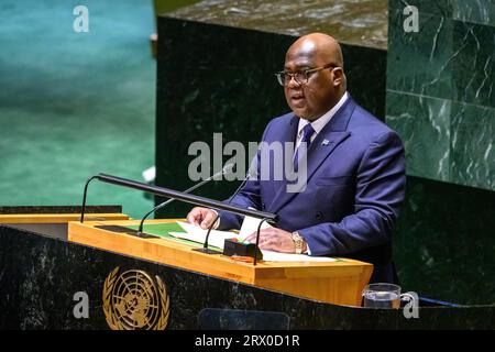 New York, USA, 20. September 2023. Félix-Antoine Tshisekedi Tshilombo, Präsident der Demokratischen Republik Kongo, spricht an die 78. Vereinigten Staaten Stockfoto