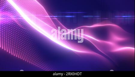 Violette leuchtende magische Wellen aus abstraktem Hintergrund von Energieteilchen. Stockfoto