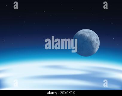 Mehrschichtige Vektorillustration der Ansicht von Erde und Mond aus dem Universum. Stock Vektor