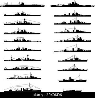 Vektorillustration verschiedener Kriegsschiff-Silhouette. Stock Vektor