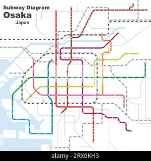 Geschichtete editierbare Vektorillustration des U-Bahn-Diagramms von Osaka, Japan. Stock Vektor