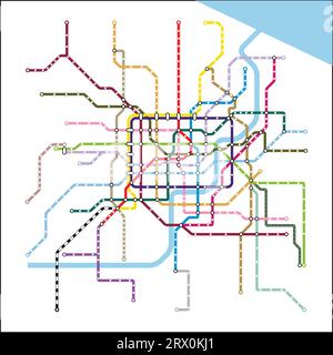 Geschichtete editierbare Vektorillustration des U-Bahn-Diagramms von Shanghai City, China. Stock Vektor