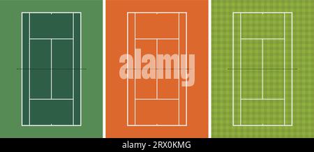 Mehrschichtige Vektorillustration von drei verschiedenen Arten von Tennisplätzen. Stock Vektor