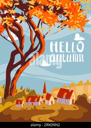 Poster Hallo Herbst Landschaft, Herbst Baum, Bauernhof, ländlichen Dorf Stock Vektor