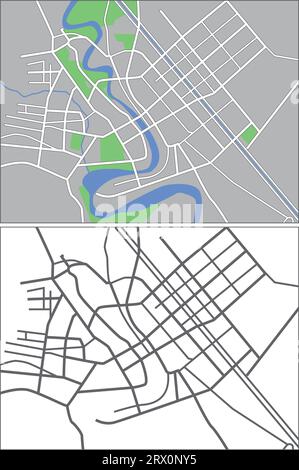 Geschichtete editierbare Vektorstreetmap von Bagdad, Irak, die Linien und farbige Formen für Land, Straßen, Flüsse und Parks enthält. Stock Vektor