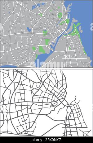 Geschichtete editierbare Vektorstraßenkarte von Kopenhagen, Dänemark, die Linien und farbige Formen für Ländereien, Straßen, Flüsse und Parks enthält. Stock Vektor