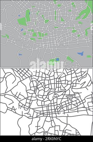 Geschichtete editierbare Vektorstreetmap von Johannesburg, Südafrika, die Linien und farbige Formen für Land, Straßen, Seen und Parks enthält. Stock Vektor