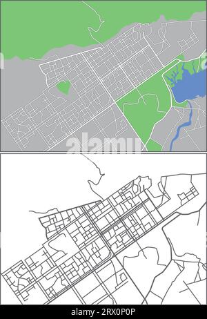 Mehrschichtige editierbare Vektorstreetmap von Islamabad, Pakistan, die Linien und farbige Formen für Land, Straßen, Flüsse und Parks enthält. Stock Vektor