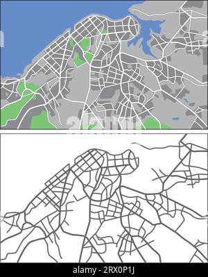 Geschichtete editierbare Vektorstraßenkarte von Havanna, Kuba, die Linien und farbige Formen für Land, Straßen, Flüsse und Parks enthält. Stock Vektor